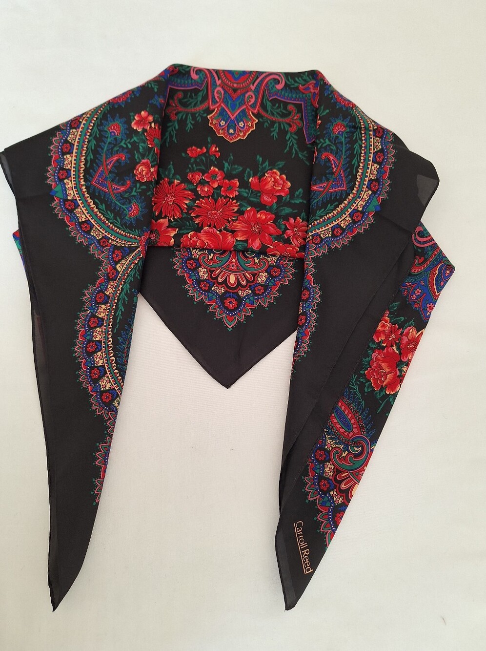 Carroll Reed Black Floral Fashion Scarf with Red & Green Accents